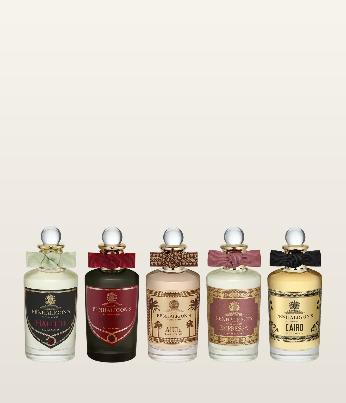 Penhaligon's Trade Routes, fünf Flakons mit bunten Schleifen in einer Reihe