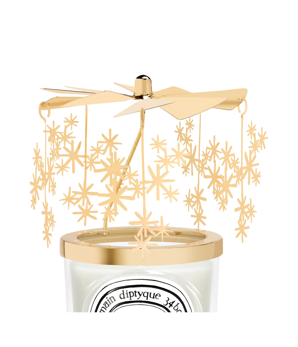 Diptyque Karussell für Duftkerzen Limited Edition, goldene Sterne über der Kerze in Nahaufnahme