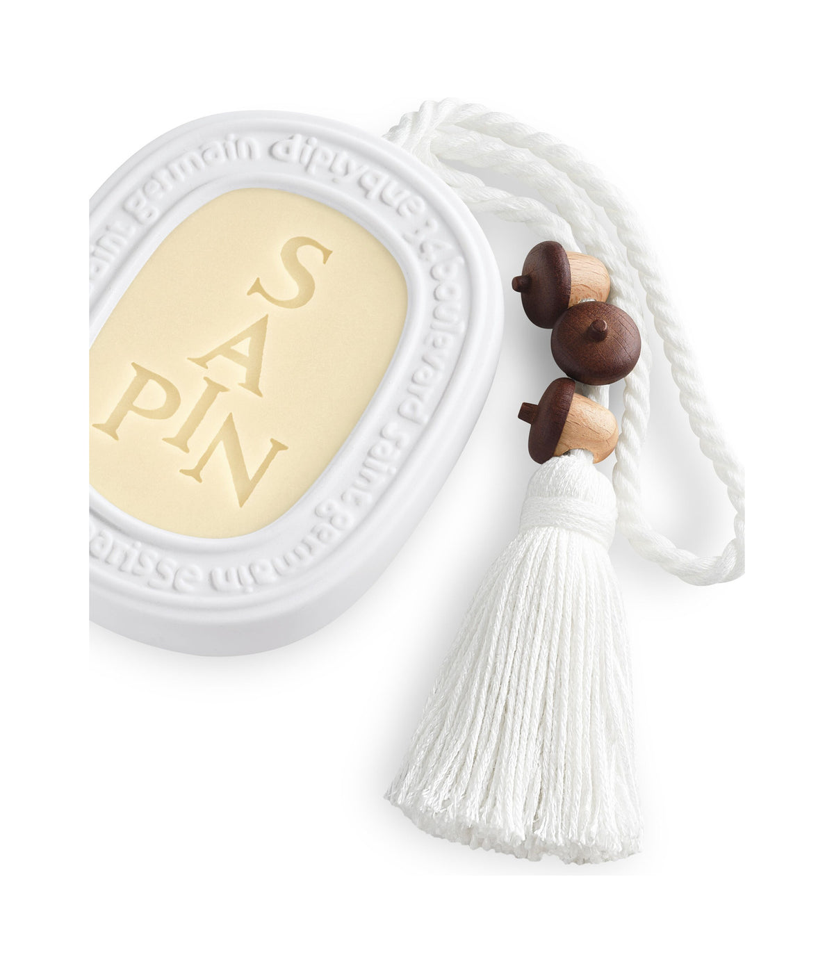 Diptyque Schrankduft Sapin Limited Edition, Wachsoval mit Kordel und Quaste in Nahaufnahme