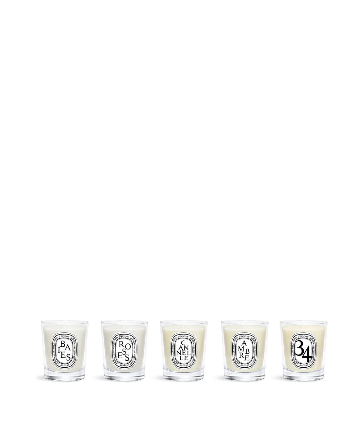 Diptyque Set mit 5 Mini Duftkerzen Limited Edition, die fünf Kerzen nebeneinander