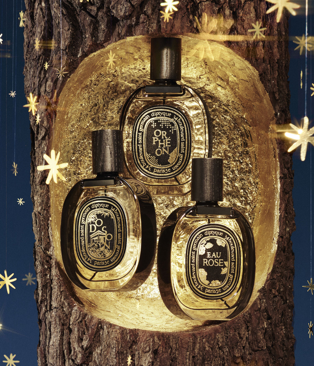 Diptyque Eau de Parfum Do Son, Eau Rose und Orphéon Limited Edition in einer goldenen Baumhöhle